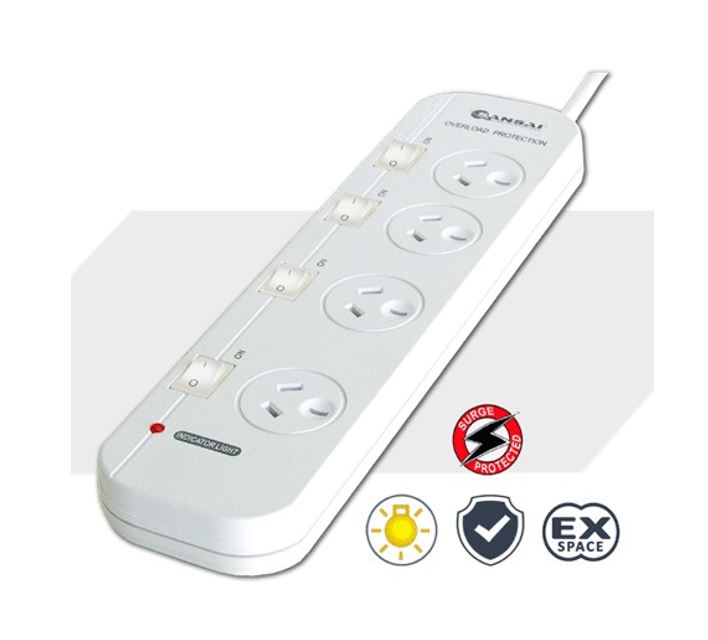 Sansai 4-Way Power Board (421SW) with Individual Switches and Surge Protection 2 Extra Spaced Sockets Indicator Light 100CM Lead 240VAC 50Hz 10A Sansai 4-Way Power Board (421SW) with Individual Switches and Surge Protection 2 Extra Spaced Sockets Indicator Light 100CM Lead 240VAC 50Hz 10A